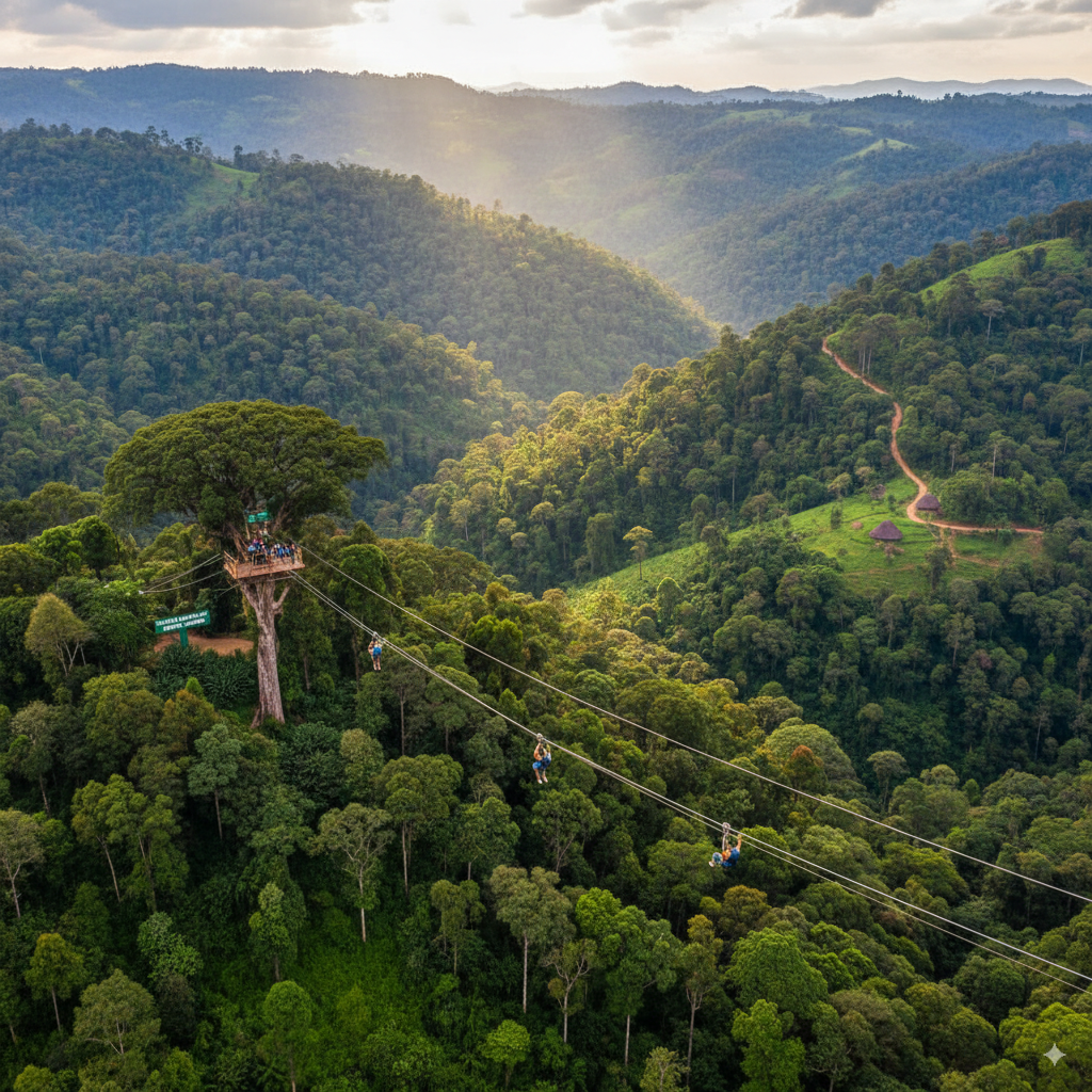 Aerial view of the zip line above Nyungwe National Park at sunset