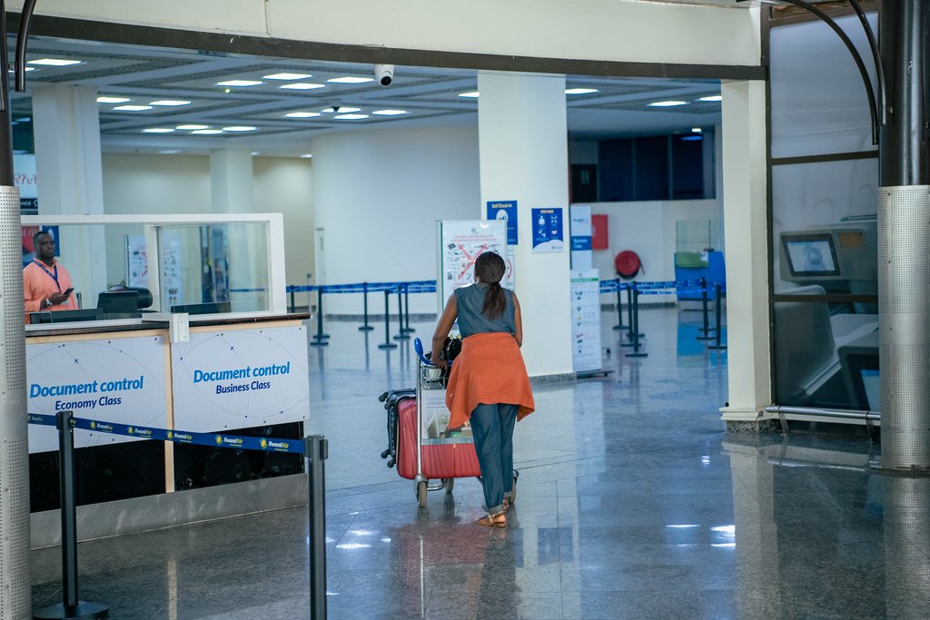 Delegation aircraft arriving at Kigali International Airport at night